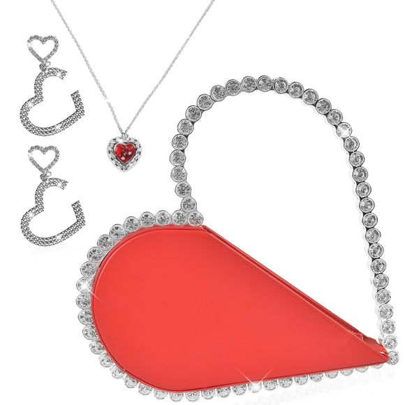 Red Heart Shaped Clutch Purse - 3 Pcs Rhinestone Evening Bag Silver ^_^ - Picture 1 of 6